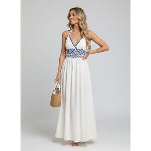 Boho Embroidered Split Hem Halter Dress White